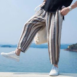 Men's Pants Men Linen Cotton Stripe Harem Male Summer Comfortable Trousers Japanese Vintage Streetwear Casual Ankle-Length