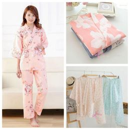 Women's Sleepwear Summer Loose Cotton Cardigan Pyjamas Pants Set Tradition Retro Style Kimono Yukata Bathrobe Hanfu Sleep Lounge Home Wear