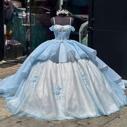 Sky Blue Sweetheart Quinceanera Dress Sparkly Lace Appliques Sequins 3D Flowers Sweet 16 Princess Ball Gown Vestidos De 15 Anos 0528