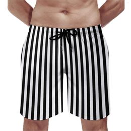 Men's Shorts Black White Striped Board Elastic Waist Big Size Beach Pants Vertical Lines Print Swimming Trunks Comfortable