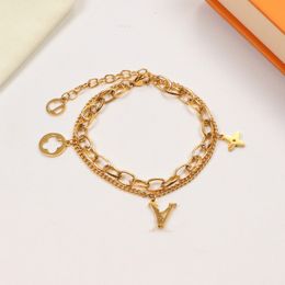 Original luxury designer Girls women letter flower Double layer bracelets elegant Love 18K Gold silver Bangles V logo engrave bracelet Fashion Jewelry Lady Party