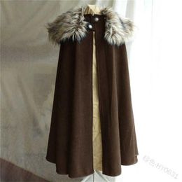 Men's Medieval Costume Cloak Winter Fur Collar Larp Viking Cosplay Cape coat High Quality Gothic Women Halloween Y0913300v