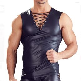 Men's Tank Tops Men Sexy Faux Leather Vest T-Shirt Solid Nightclub Stage Performance Deep V Pole Dancing Strappy Top