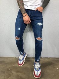 Mens Jeans Summer Males Soft Mid Waist Blue Black Full Length Spandex Knees Ripped Jeans Pant 230729