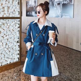 Women's Trench Coats Elegant Patchwork Color Contrast Women Short Windbreaker Autumn Loose With Sashes Lapel Double Breasted Long Sleeve