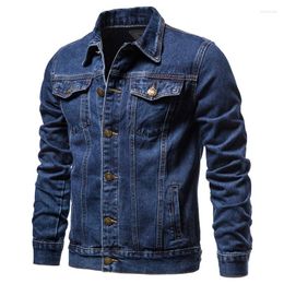 Men's Jackets Fashion Slim Black Denim Jacket Men Clothing Light Blue Lapel Multi Pocket Vintage Cotton