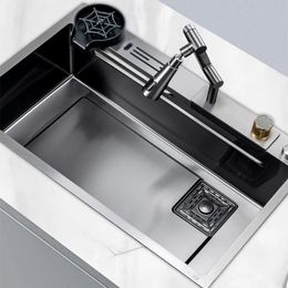 Kitchen Sink Waterfall Digital Display Sink 304 Stainless Steel Knife Rest Sink Kitchen Fruit And Vegetable Washing Sink