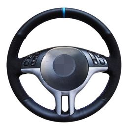 Car Steering Wheel Cover Hand-stitched Black Genuine Leather Suede For BMW E46 325i E39 E53 X5286L
