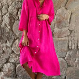 Casual Dresses Solid Button Autumn Shirt Dress Loose 3/4 Sleeve Pocket Holiday Plus Size Beach Cotton Linen Korean Midi Basic
