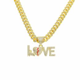 Hip Hop Rapper diamond pendant gold necklace broken heart LOVE letter pendant micro-inset zircon Jewellery night club accessory Sweater Collarbone Cuban chain 1606