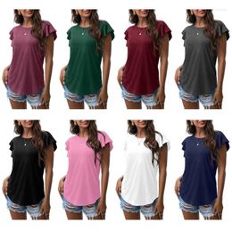 Women's T Shirts Women Summer Flutter Ruffle Short Sleeve T-Shirt Casual Loose Crew Neck Simple Solid Colour Curved Hem Pullover Tunic Top