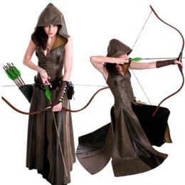 Mediaeval Cosplay Fashion Women Anime Viking Renaissance Hooded Archer Come Leather Long Dress Sleeveless Masquerade 2022 New T22083105