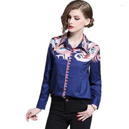 Women's Blouses 2023 Spring Autumn Women Long Sleeve Blouse High Quality Designer Retro Gorgeous Print Navy Blue Shirt Casual Tops