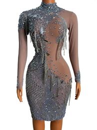 Stage Wear Flashing Silver Rhinestone Mirror Transparent Chain Dress Prom Party Evening Birthday Costume Celebrate Dahan