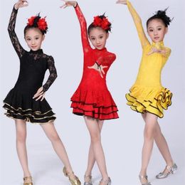 Stage Wear 2022 Lace Est Sexy Ballroom Dresses Tango Salsa Latin Dance Dress Children Red Black For Girls Long Sleeve191j