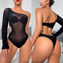 Black One-shoulder Bodysuit Sexy Backless Fishnet Bodysuit Elasticity Sexy Long Sleeve Body Tops Christmas Rave Bodysuit Women