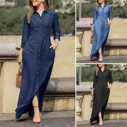 2022 Women's Elegant and Fashion Unisex Style Sleeve Polo Cardigan Solid Colour Long denim Dress