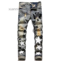 Мужские рваные зауженные джинсы в европейском стиле Jean Hombre с буквенной звездой и вышивкой в стиле пэчворк Q7uv