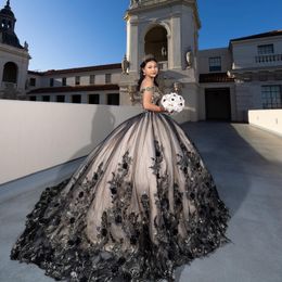 Black Shiny Princess Tulle Ball Gown Quinceanera Dresses Meninas De 15 Anos Appliques 3DFlower Ballkleid Vestidos De Debutante