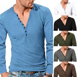 Men's T Shirts Four Seasons Henley Vintage Button V Neck Slim Solid Color Long Sleeve T-Shirt