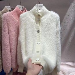 Women's Knits Hsa 2023 Mink Velvet Chic Coat Women Stand-up Collar Knitted Sweaters Cardigan Jacket Thicken Loose Tops Button Outerwear