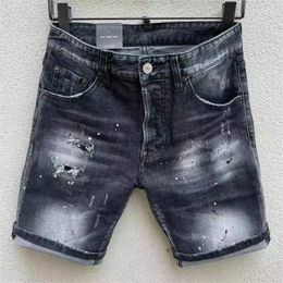 Men's Jeans Trendy Letter Printing Casual Hole Spray Painted Short Fashion High Street Denim Fabric Shorts D01