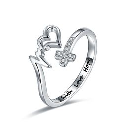 Wedding Rings 925 Sterling Silver Cross Faith Hope Love Ring Adjustable Inspirational Wrap Jewelry Brithday Christmas Gifts for Women Teens 230729