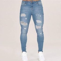 Men's Jeans Fashion Stretch Skinny Blue Ripped Solid Color Slim Pencil Pants Casual Hole Design Denim Streetwear