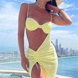 Casual Dresses OMSJ Sexy Hollow Out Chic Elegant Sleeveless Split Maxi Solid Dress For Women Summer Pleated Sling Holiday Beach Sundresses