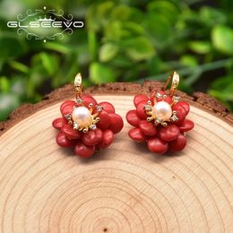 Hoop Huggie GLSEEVO Natural Coral Pendant Earrings Female Red Flower Handmade Fashion Luxe Ladies Fine Jewelry Wedding GiftsGE1042 230729