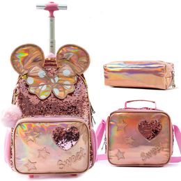 School Bags Bikab 3PC School Bags for Girls with Wheeled Bag Sequin Cartoon Cute 16" Kids' Luggage Mochila Trolley Mochila Trolley 230729