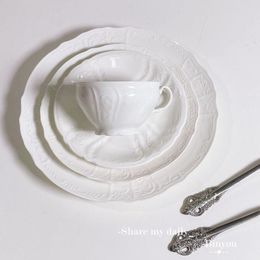 Dinnerware Sets Spot Pure White French Vintage Embossed Ceramic Plate Coffee Cup Dessert Dining