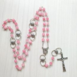 Pendant Necklaces QIGO Pink Stone Jesus Cross Rosary Necklace Metal Heart Long Religious Christian Jewellery