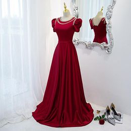 Party Dresses Vintage Burgundy Evening Beading Puff Sleeves O Neck Pearls A Line Long Wedding Formal Prom Bridesmaid Gowns