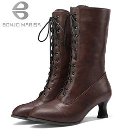 Boots Women Victorian Modern Punk Style Round Toe Lace Up Low Med Strange Heel Fashion Mid Calf Western Boots Shoes Woman 230729