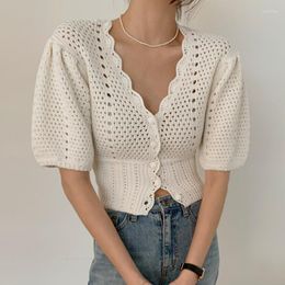 Women's Sweaters Chic Korean Cardigan Women Summer Puff Sleeve Vinatge Tops Hollow Out Knitted Pull Femme