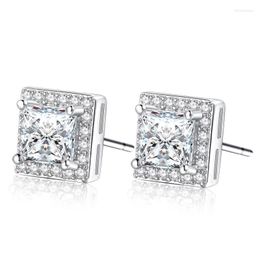 Stud Earrings Fine Jewelry Princess Cut 3 Size 11/9/7MM Austrian Cubic Zirconia With White Gold Color For Ladies Gift