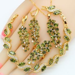 Wedding Jewellery Sets Luxury Green Peridot Gold Plated for Women Earrings Necklace Pendant Ring Bracelet Christmas Birthday Gift 230729