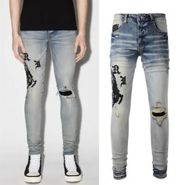 Denim Jeans Biker Fit Man Distressed Slim-Fit Whisker Fading Effect Paint Wash Men's305D
