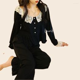 Women's Sleepwear Pyjamas Set Full Sleeve Tops Long Pants Sexy Lace Pyjama Sweet Artificial Pearl Decorate Homewear Cosy Big Size