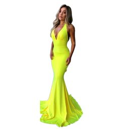 Sexy Yellow Mermaid Evening Dresses Backless Satin Simple Halter Cheap Long Prom Dress Sweep Train Party Gowns