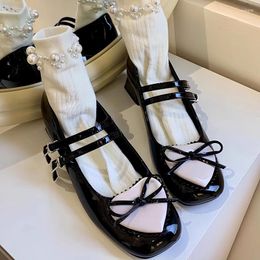 Dress Shoes Bowknot Chunky Heel Mary Jane Japanese Love Pattern Single Shoe Patent Leather Pumps English Style Jk Uniform