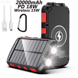 Cell Phone Power Banks PD 18W Real 20000mAh Portable Solar Power Bank wireless Fast charger Smartphones Powerbank External Battery led lamp waterproof L230824