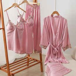 Women's Sleepwear 5PCS Robe Gown Suit Women Silky Satin Spring Summer Female Pajamas Set Sexy Lace Kimono Bathrobe Home Clothes