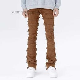 Men's Jeans Retro Patchwork Flared Pants Wild Stacked Ripped Long Straight Baggy Washed Faded Men XRUL