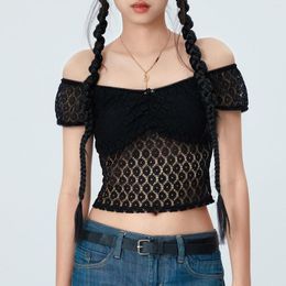 Women's T Shirts See-Through Black Floral Lace Sheer Crop Tops Grunge Punk Style Off-Shoulder Slim Fit Short T-Shirts Streetwear