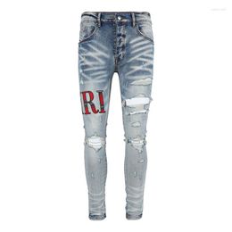 Men's Jeans Streetwear Fashion Designer Brand Elastic Slim Embroidered Letters Damaged Skinny Stretch Ripped Denim Hip Hop Pants