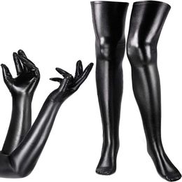 Elbow & Knee Pads Women's Costume Set Elastic Spandex Shiny Wet Long Gloves And Look Thigh High Stockings2769