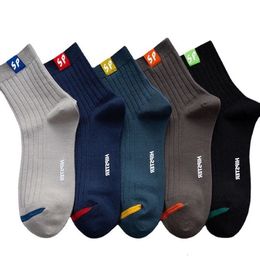 Mens Socks 5Pairs Cotton Mens Socks Breathable Casual Sock Solid Colour Striped Spring Summer Thin Sweatabsorbing Sports Tube Man Socks 230729