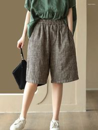 Women's Shorts Women Retro Striped Cotton And Linen Loose 2023 Summer Elastic Waist Casual